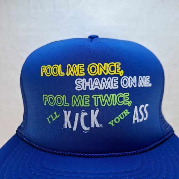 Vintage Funny Saying Trucker Hat Cap Mesh Snapback Blue "I'll Kick Your A$$" - Picture 2 of 8